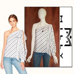 MILLY NINA One-Shoulder Bow Stripe Cotton Poplin Top 8 NWT